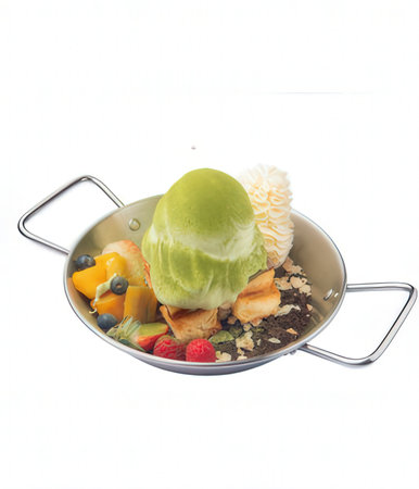 Ice cream with fruit in a bowl isolated on a white background.の写真素材