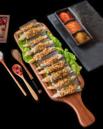 Fresh spring rolls with sesame seeds on a wooden board on a black backgroundの写真素材