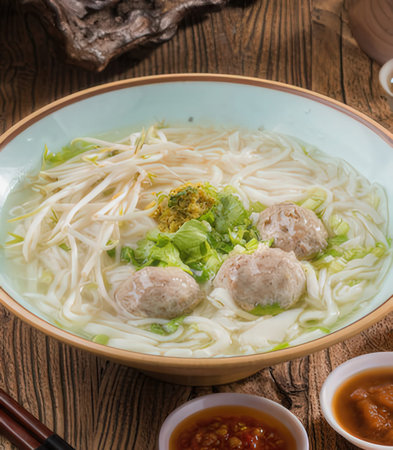 Rice noodle soup with meatballs and vegetables on wooden table
