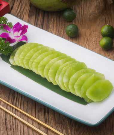 Sliced cucumber on white plate with chopsticks on wooden tableの写真素材