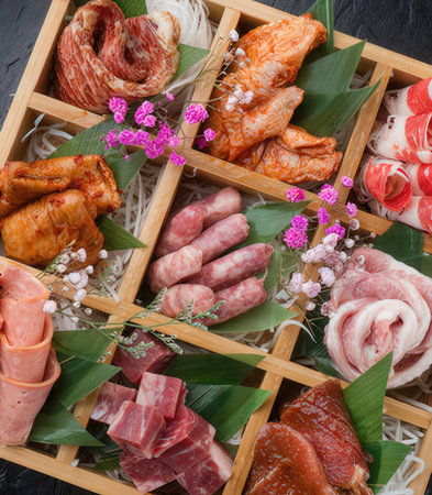 Variety of Japanese food in wooden box on black background, top viewの写真素材