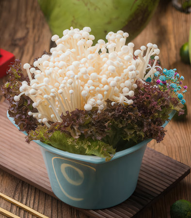 mushroom in a bowl on a wooden background, healthy foodの写真素材