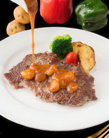 Beef steak with sauce and vegetables on a white plate closeupの写真素材