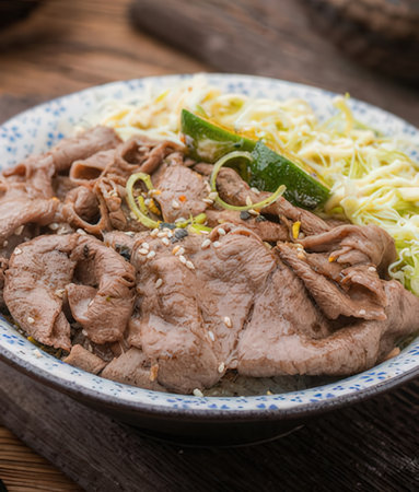 noodle with beef and kimchi on wooden backgroundの写真素材