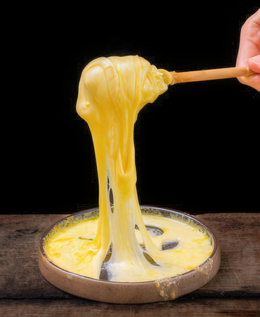 Yellow liquid pouring from a wooden spoon into a bowl over black background