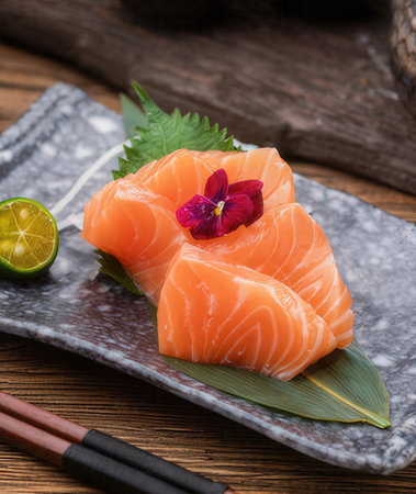 Salmon Sashimi - Japanese food style on wooden background.の写真素材