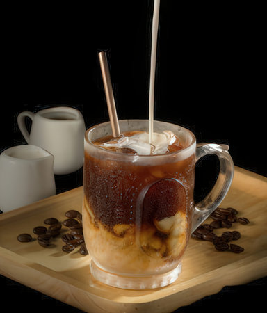Pouring coffee into a glass with ice cubes and coffee beans on a black backgroundの写真素材