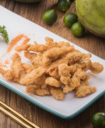 Fried Chicken nuggets on a plate with chopsticksの写真素材