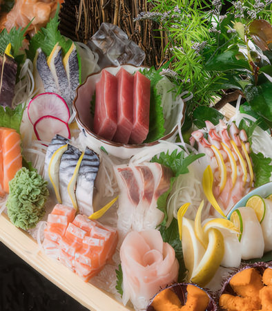 Sashimi in wooden box, japanese food style.の写真素材