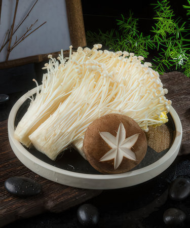 Japanese food, Enoki mushroom or Enoki mushroom with black backgroundの写真素材