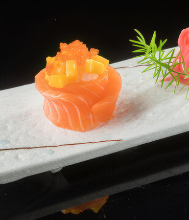 Salmon Sushi with mango and red caviar on black backgroundの写真素材