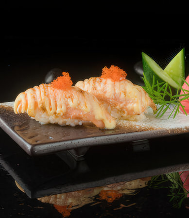 japanese cuisine. sushi on the black background in the restaurantの写真素材