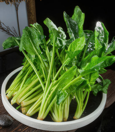 Bunch of fresh baby spinach in a bowl on a black backgroundの写真素材