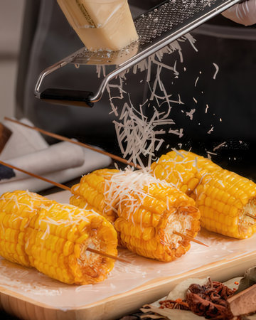 Chef preparing corn on the cob with grated cheese.の写真素材