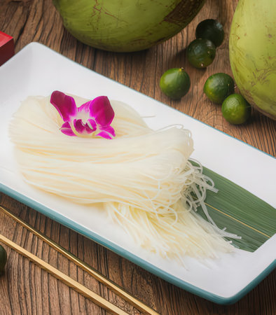 Coconut rice noodles on wooden table with chopsticks and limeの写真素材
