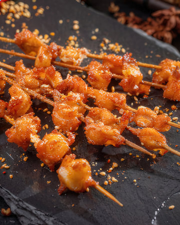 close up of a skewer of deep fried shrimp on a black plateの写真素材