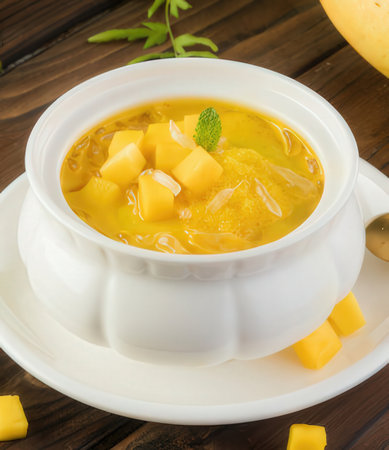 Mango soup in a white bowl on a wooden background. Selective focus.の写真素材