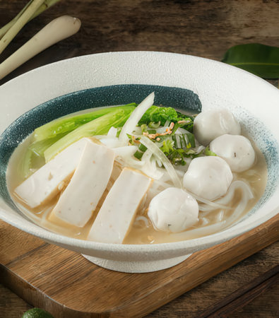 Vietnamese rice noodle soup with pork ball and wontonの写真素材