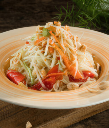 Somtum - Thai style papaya salad on wooden backgroundの写真素材