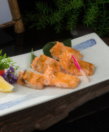 japanese cuisine. salmon sashimi on the plateの写真素材