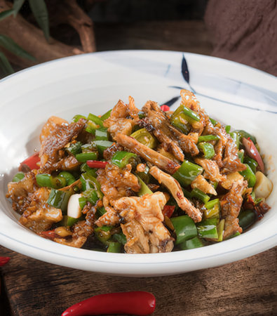 stir-fried pork with chilli and soy sauce in a bowlの写真素材