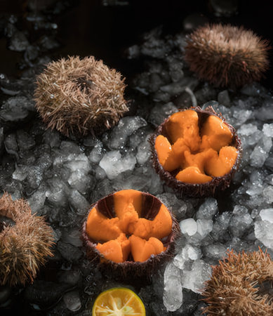 Close-up of orange wax candles on ice. Toned.の写真素材