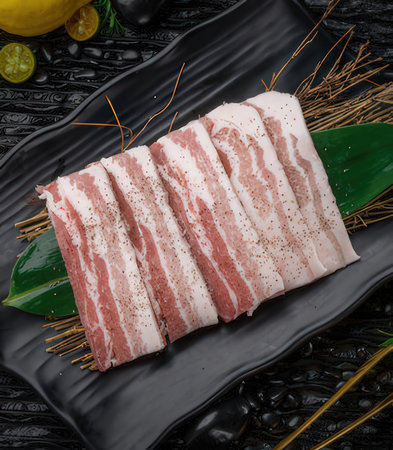 Slices of raw bacon on black plate on black background.の写真素材