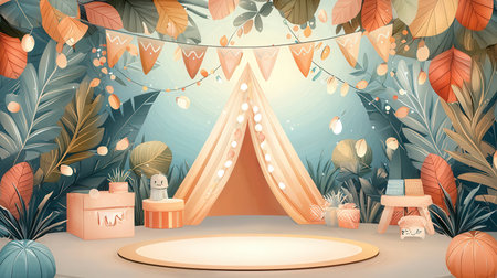 Vector illustration of a stage with a tent in the jungle. Natural background.の素材