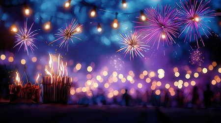 Burning candles in the night sky with bokeh background.の素材