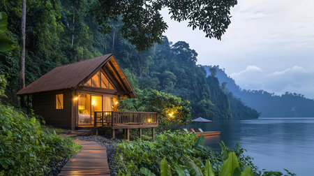 Wooden house on the lake in the morning, Khao Sok National Park, Thailandの素材