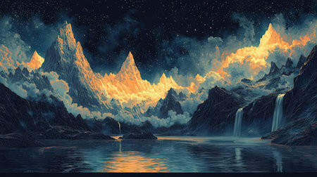 Fantasy landscape with waterfall in the mountains. 3d illustration.の素材