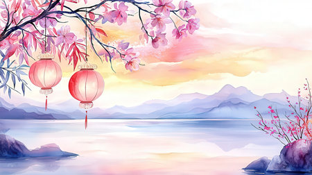 Chinese New Year background. Cherry blossom and lanterns. Watercolor painting.の素材