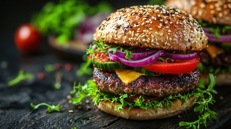 Homemade hamburger with fresh vegetables on dark rustic background.の素材