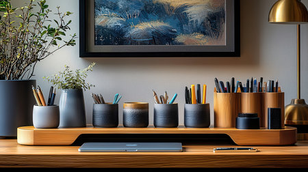 Close up of modern workspace with laptop, coffee cup, stationery and decoration on wooden table. 3D Renderingの素材
