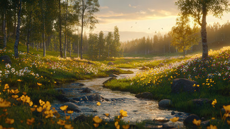 Beautiful spring landscape with blooming crocuses in the meadowの素材