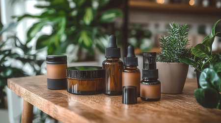 Cosmetic bottles on wooden table in beauty salon, close-upの素材