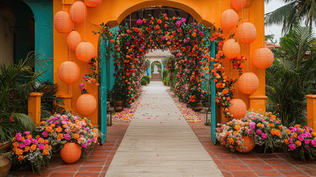 Lanna style archway with colorful flowers in the garden, Thailand.の素材