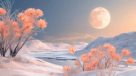 3d illustration of winter landscape with a lake, trees and moonの素材