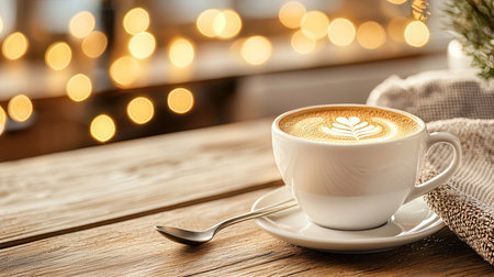 Cup of coffee with beautiful latte art on table in cafeの素材