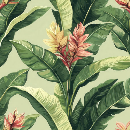 Seamless pattern with exotic flowers and banana leaves. Vector illustration.の素材