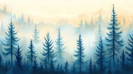 Foggy forest at sunrise. Nature background. Vector illustration.の素材