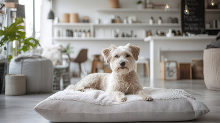 Cute dog resting on pillow in living room. Adorable petの素材
