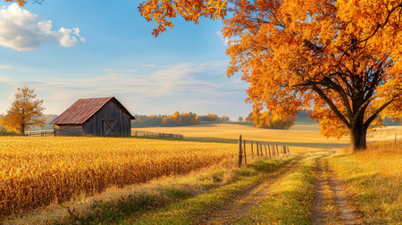Autumn landscape with a barn and a dirt road through the fieldsの素材