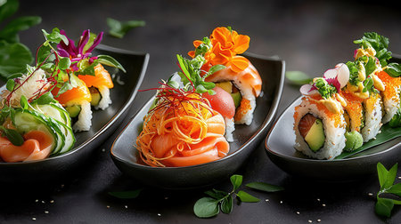 Sushi set with salmon, shrimp, avocado, cucumber, wasabi and ginger on black backgroundの素材