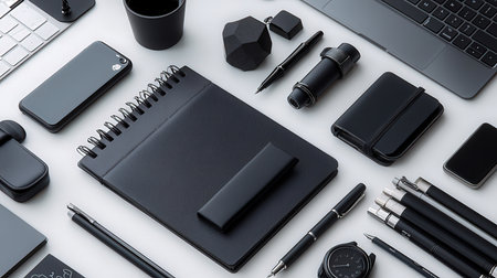 Flat lay, top view office desk table with blank notebook, pen, smartphone, stationery and other objects.の素材