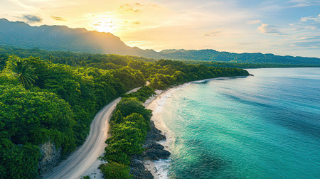Aerial view of beautiful beach and sea with coconut palm tree at sunset time for travel and vacationの素材