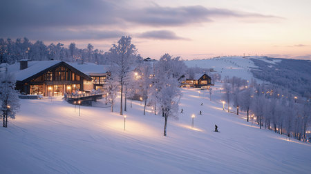 Winter mountain landscape with snow covered trees and wooden houses at night.の素材