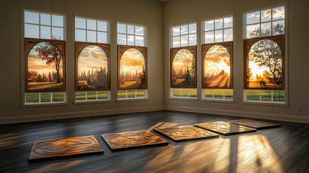 Interior of a room with large windows and a view of natureの素材
