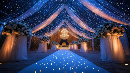 Wedding arch decorated with flowers and candles in the night.の素材
