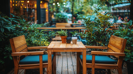 Wooden tables and chairs in an outdoor cafe in Paris, Franceの素材
